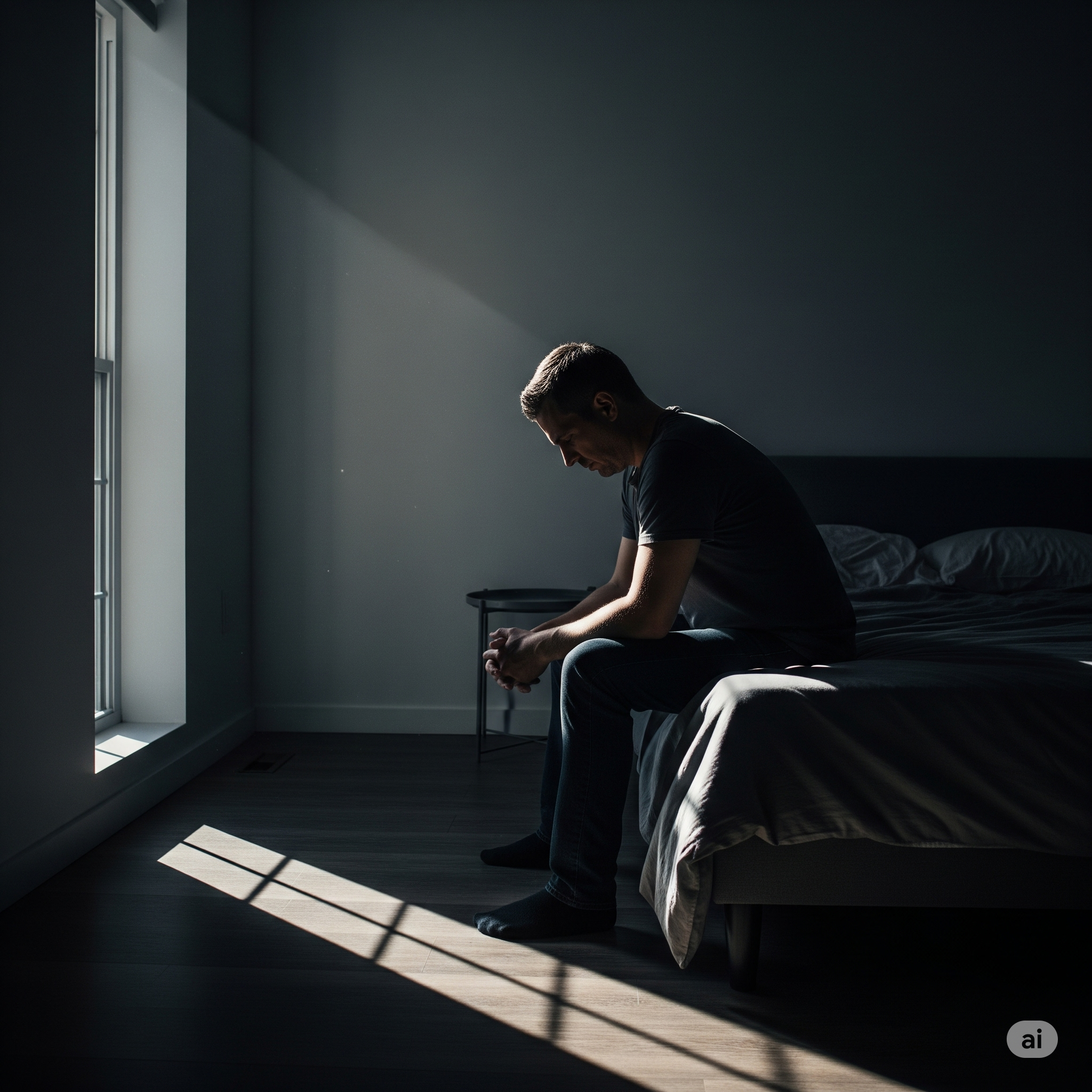 Hombre sentado solo en una habitación oscura